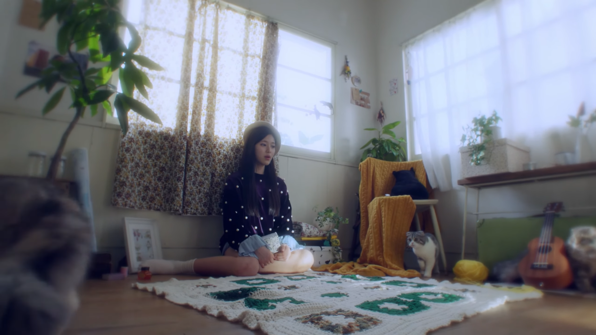 Hyunjin sitting on the floor of her house. There are multiple cats around the room.